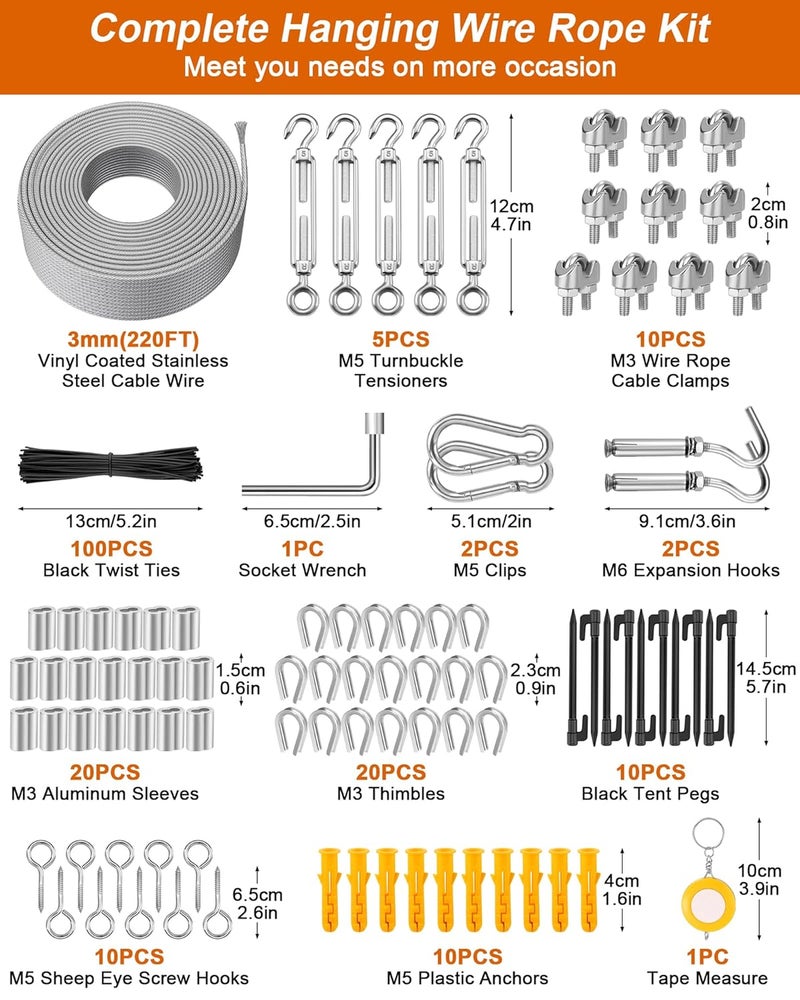 Comkrivy 220 FT 1/8" Wire Rope Kit, 304 Stainless Steel Cable with M5 Turnbuckles for Cables Wire, Vinyl Coated String Lights Hanging Wires for Outdoor Camping, Trellis, Garden, Clothes line, Curtain, Festival - Image 2